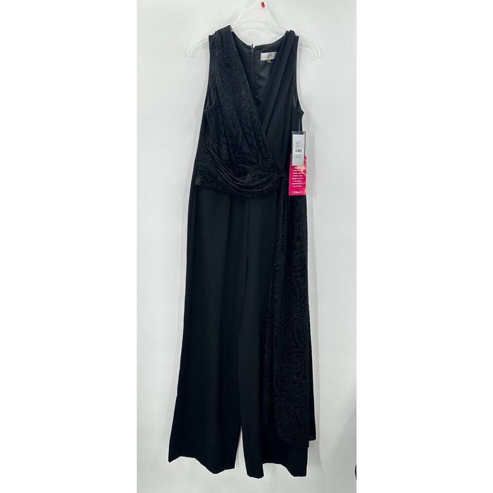 Tahari Arthur S Lavin Size 12p Black Velvet Wide Leg Jumpsuit Black Sparkle Slas